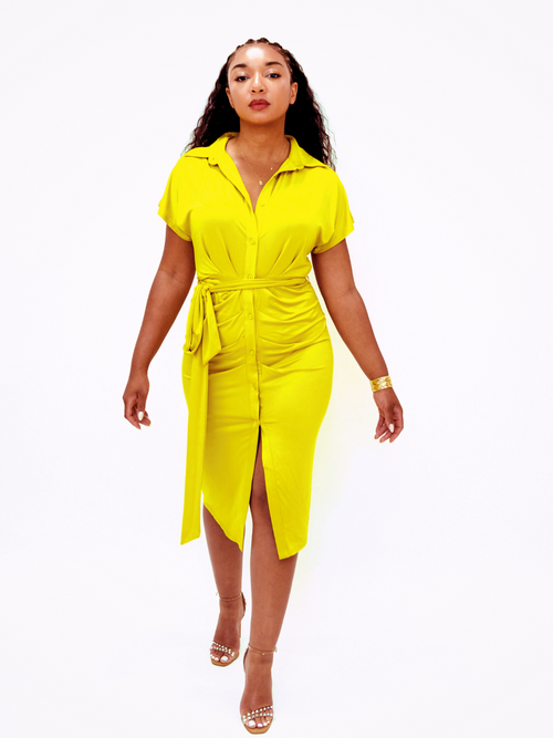 Front view lightweight and stretchy shirt dress in mustard color