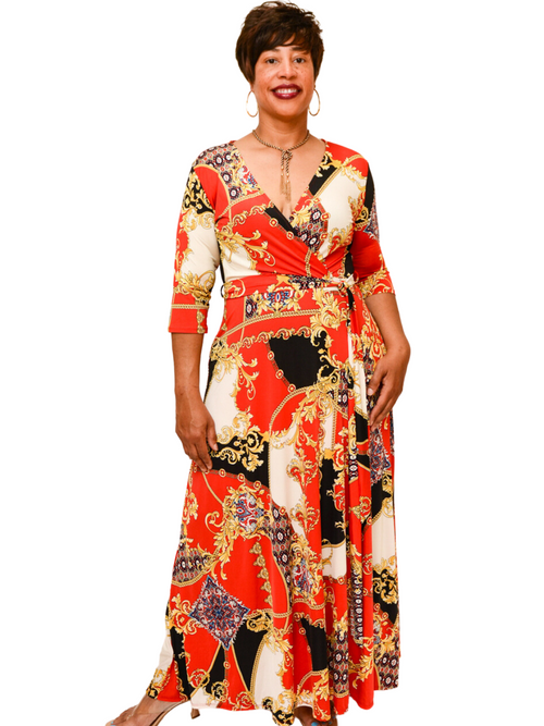 Front view of Red/Gold Maxi Dress is tailored with a self-tie belt for enhanced styling. The lightweight material works well for the summer season, offering breathability and comfort. - 95% Polyester, 5% Spandex