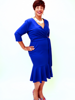 Front view of royal blue V-neck, 3/4 sleeve dress, 100% Polyester