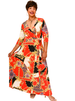 Front view of Red/Gold Maxi Dress is tailored with a self-tie belt for enhanced styling. The lightweight material works well for the summer season, offering breathability and comfort. - 95% Polyester, 5% Spandex