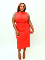 Front view of red dress; Sleeveless mock neck midi dress; polyester
