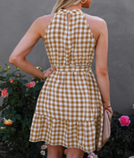Rear View of Khaki and White Halter Neck Dress, Sleeveless, Gingham, Selft-tie belt, Ruffled hem 100% Polyester