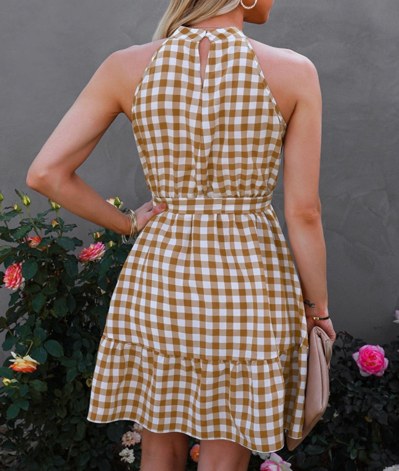 Rear View of Khaki and White Halter Neck Dress, Sleeveless, Gingham, Selft-tie belt, Ruffled hem 100% Polyester