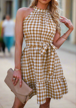 Front View of Khaki and White Halter Neck Dress, Sleeveless, Gingham, Selft-tie belt, Ruffled hem 100% Polyester