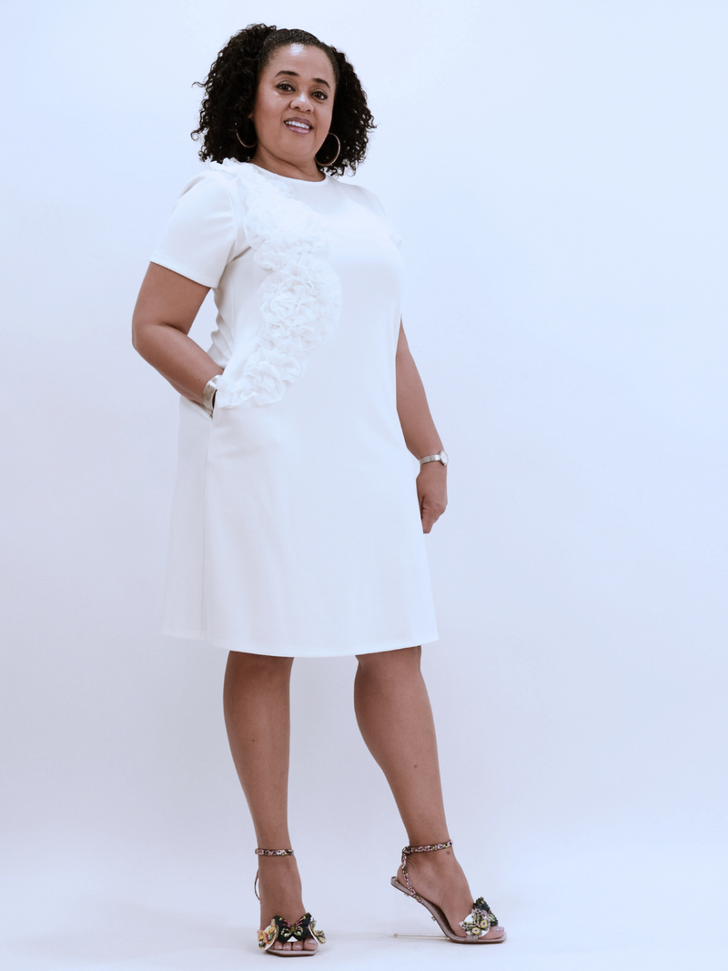 Front view white short sleeve dress with one side ruffle detail, 95% Polyester 5% Spandex