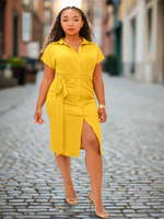 Front view of mustard yellow dress.  There is ruching in the front, self tie belt, and buttons down the front as on a shirt.  90% Polyester 10% Spandex