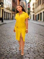 Front view of mustard yellow dress. There is ruching in the front, self tie belt, and buttons down the front as on a shirt. 90% Polyester 10% Spandex