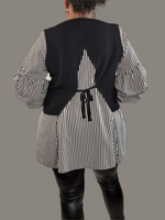 Rear view Ruched sleeves and striped hem with a back tie detail ; 70% Rayon; 30% Nylon