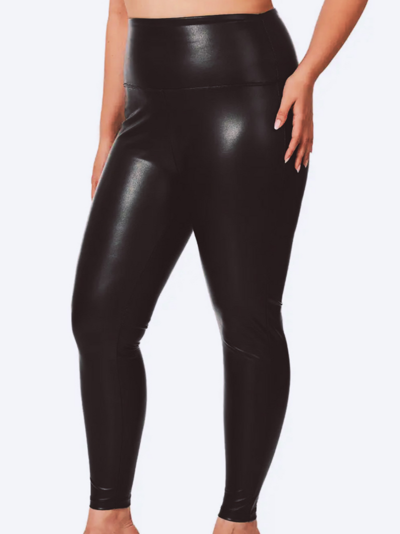 Front view of faux leather leggings;96% Polyester; 4% Spandex