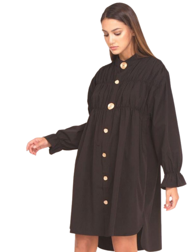 Front view of loose black top with golden buttons, long sleeves, Semi-Stretch Fabric, 100% Polyester 